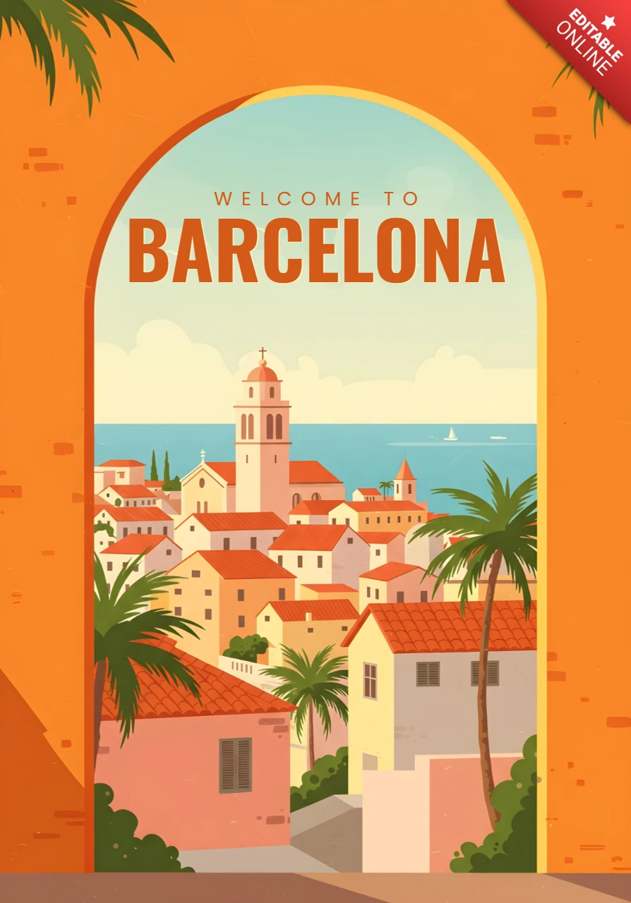 Bogenansicht mit Glockenturm & Meer Barcelona Reiseposter Designvorlage