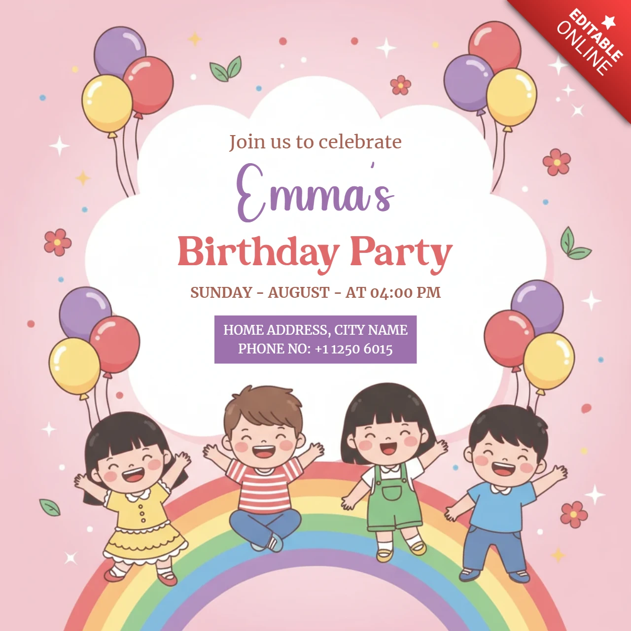 Convite de festa de aniversário para crianças com balões, arco-íris, crianças e tema festivo alegre.