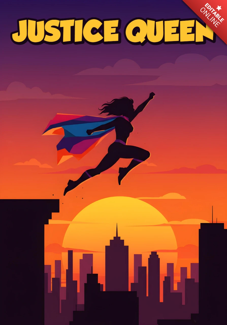 Rechters koningin superheld springende silhouet boven zonsondergang stadsgezicht posterontwerp sjabloon