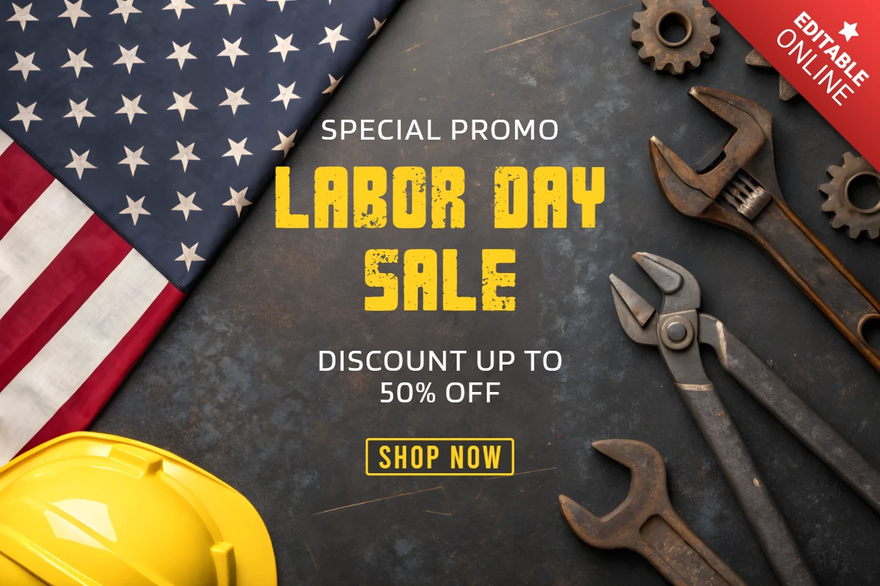Plantilla promocional de las rebajas del día del trabajo - diseño industrial con elementos de la bandera americana