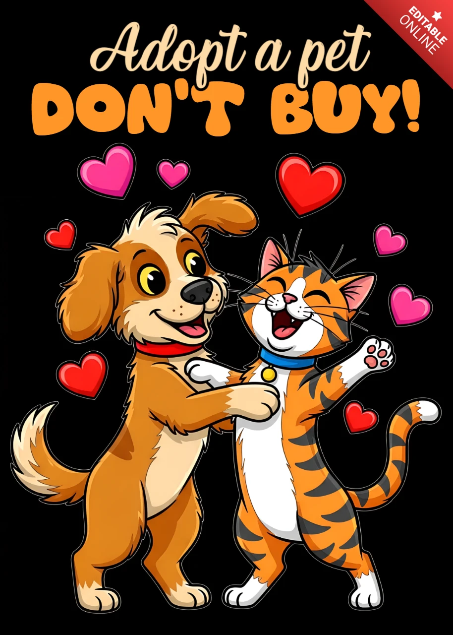 Speelse huisdieradoptie ontwerpsjabloon voor posters met schattige honden- en kattenkarakters