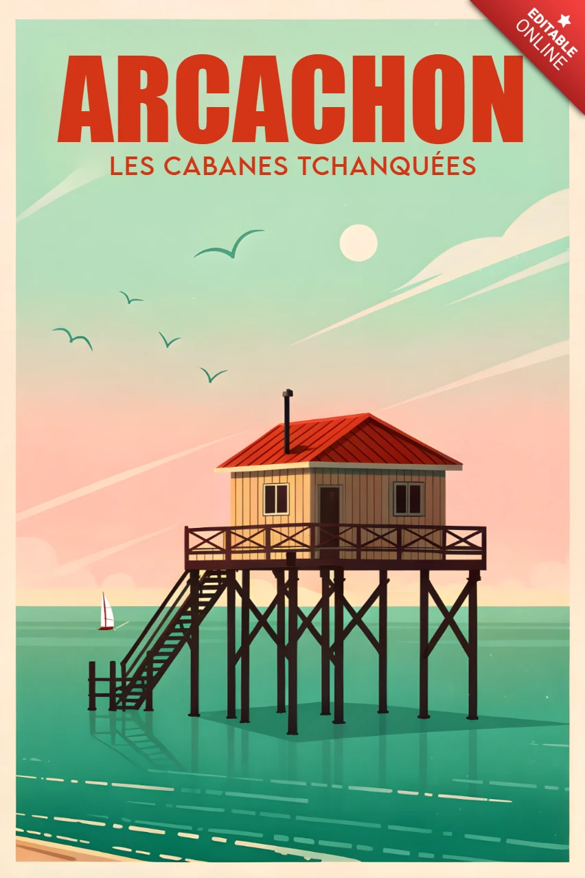 Modelo de design costeiro vintage para pôster com a casa de praia de Arcachon
