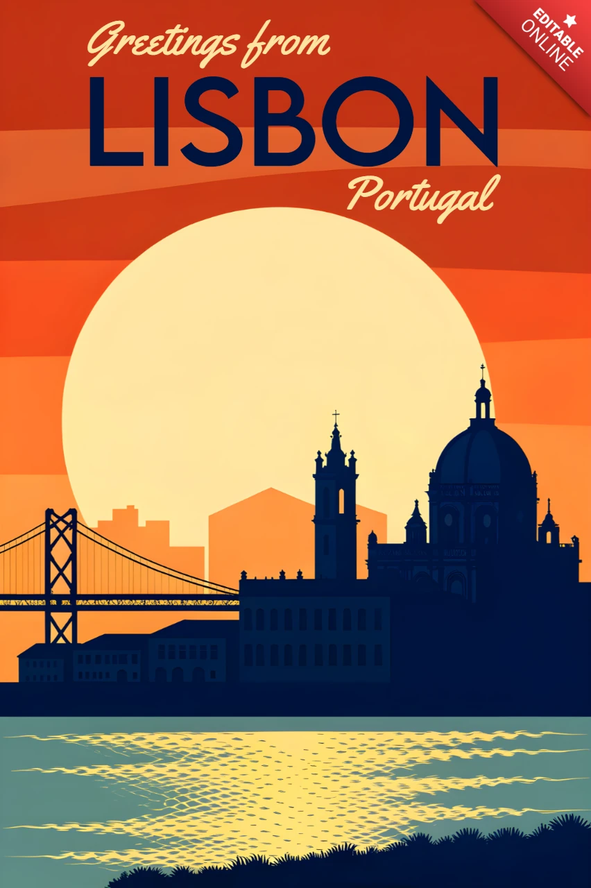 Lissabon Skyline Retro-Designvorlage für Retro-Flachsouvenirs-Postkarten