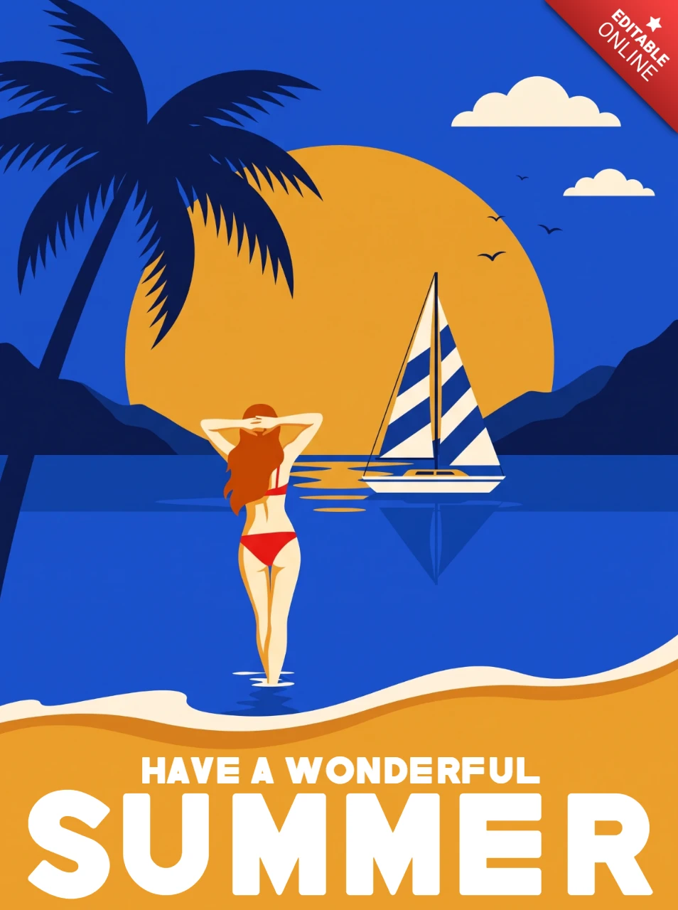 Wspaniały letni plakat plażowy z postacią w czerwonym kostiumie kąpielowym, palmą, żaglówką, pomarańczowym zachodem słońca i relaksującą linią horyzontu oceanu