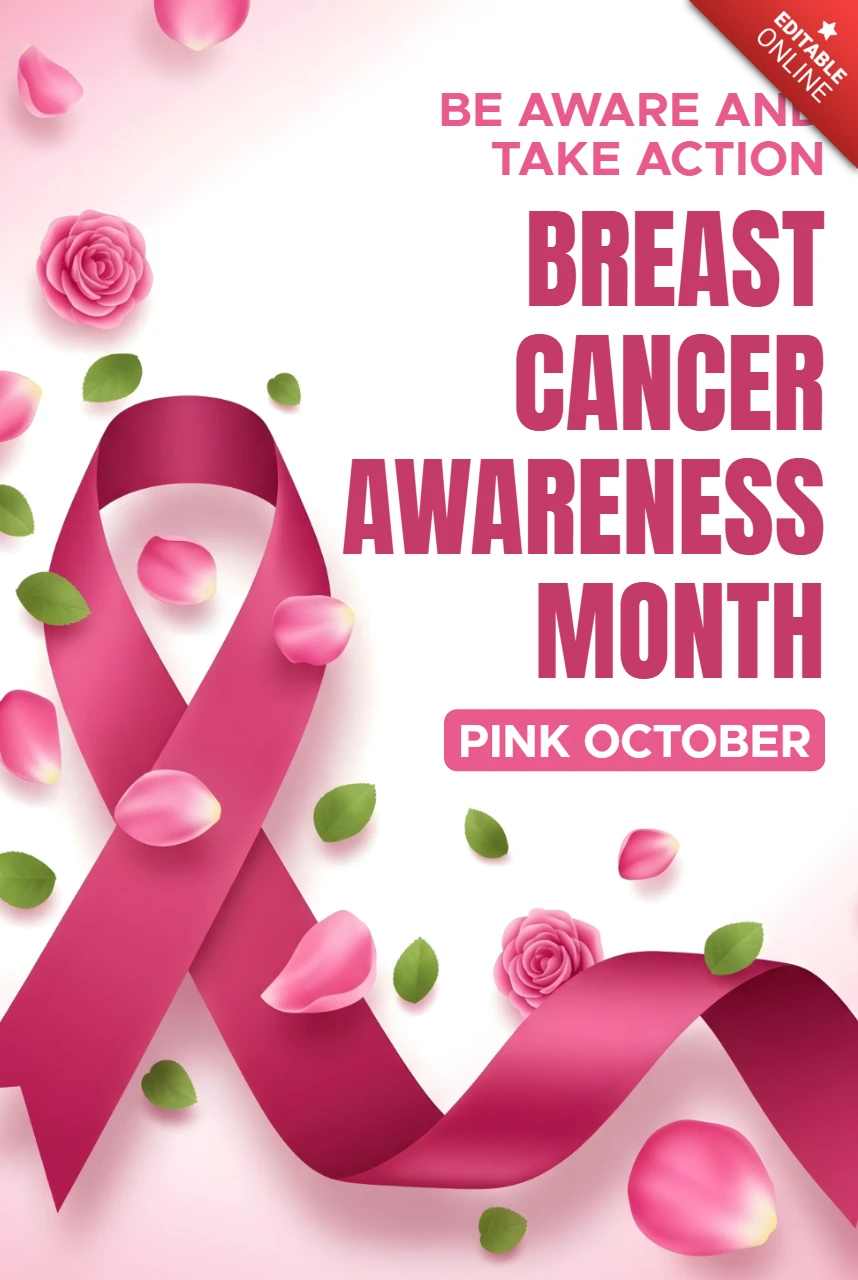 Rosa Schleife Oktober Brustkrebsbewusstsein mit Rosen & Blättern Plakatdesign-Vorlage