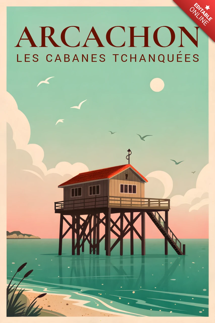 Design côtier d'Arcachon avec cabane de pêche pour affiches souvenirs rétro de flat