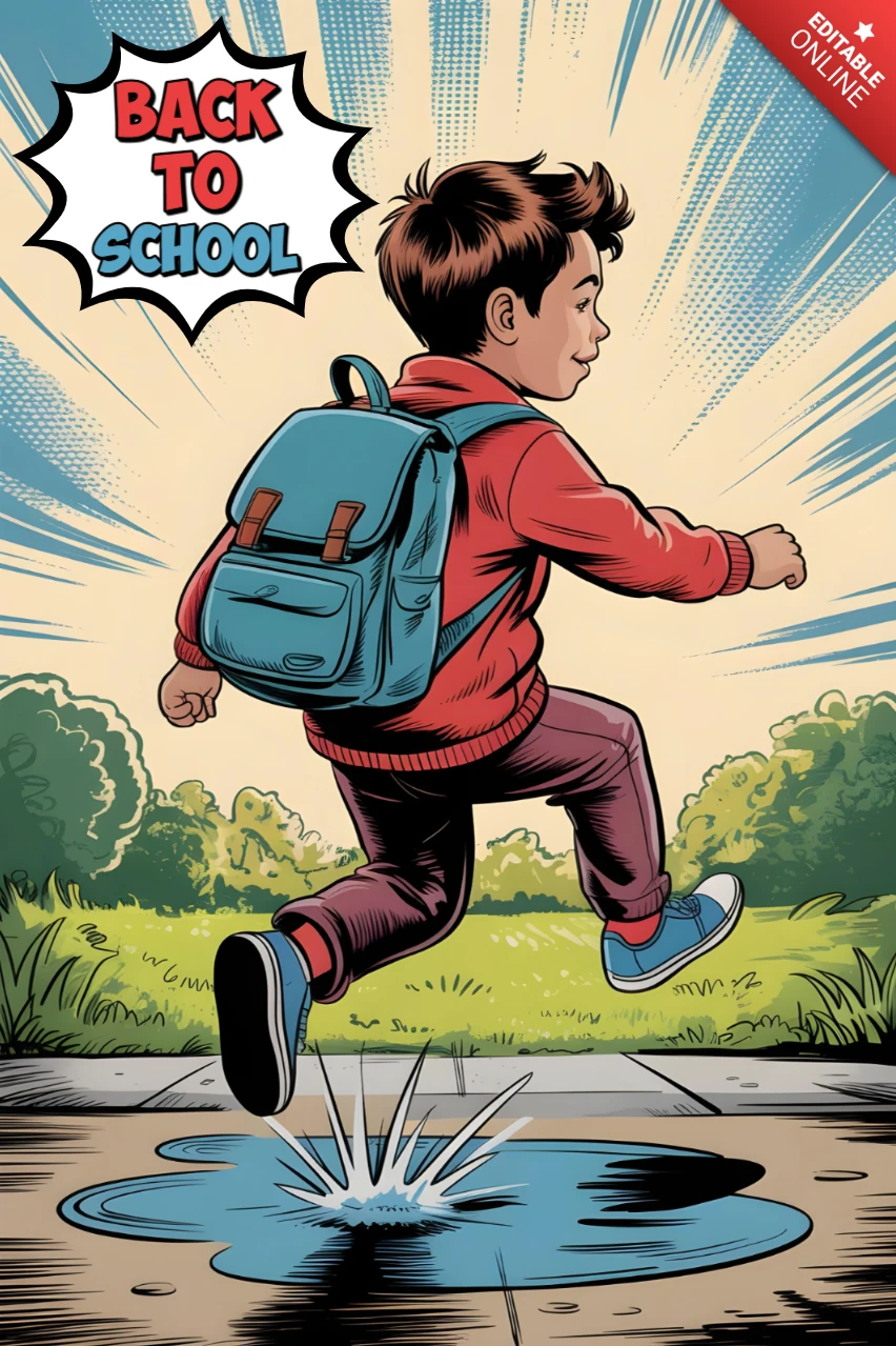 Zurück zur Schule Schüler springt über Pfütze mit Rucksack und strahlendem Himmel Poster-Design-Vorlage