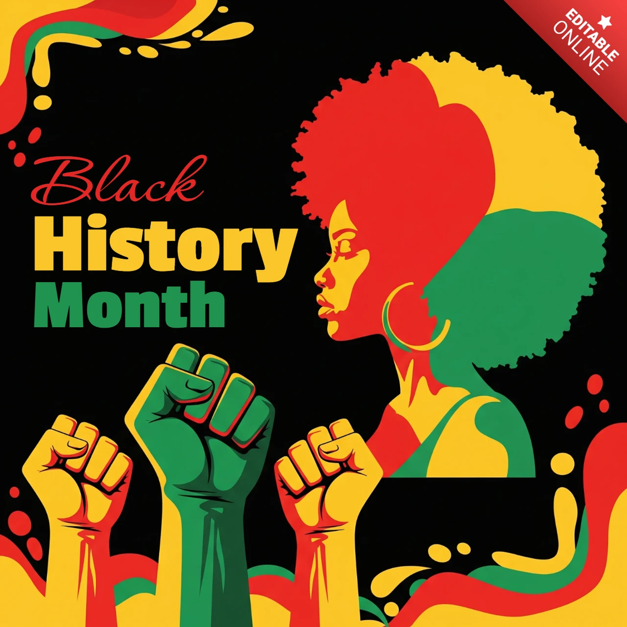 Affiche d'autonomisation pour la célébration du mois de l'histoire des Noirs 2026 avec silhouette afro, poings levés et couleurs panafricaines pour la solidarité et la fierté.