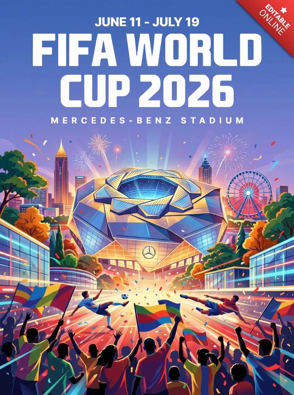 FIFA World Cup 2026 Football Atlanta Poster Highlighting Mercedes-Benz Stadium Crowd Flags Fireworks and Festive Atmosphere