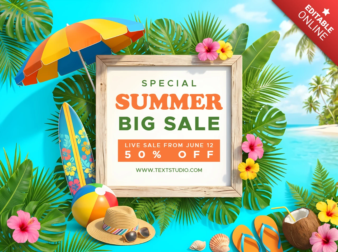 Grande vendita estiva banner marketing con tema spiaggia tropicale e vacanze