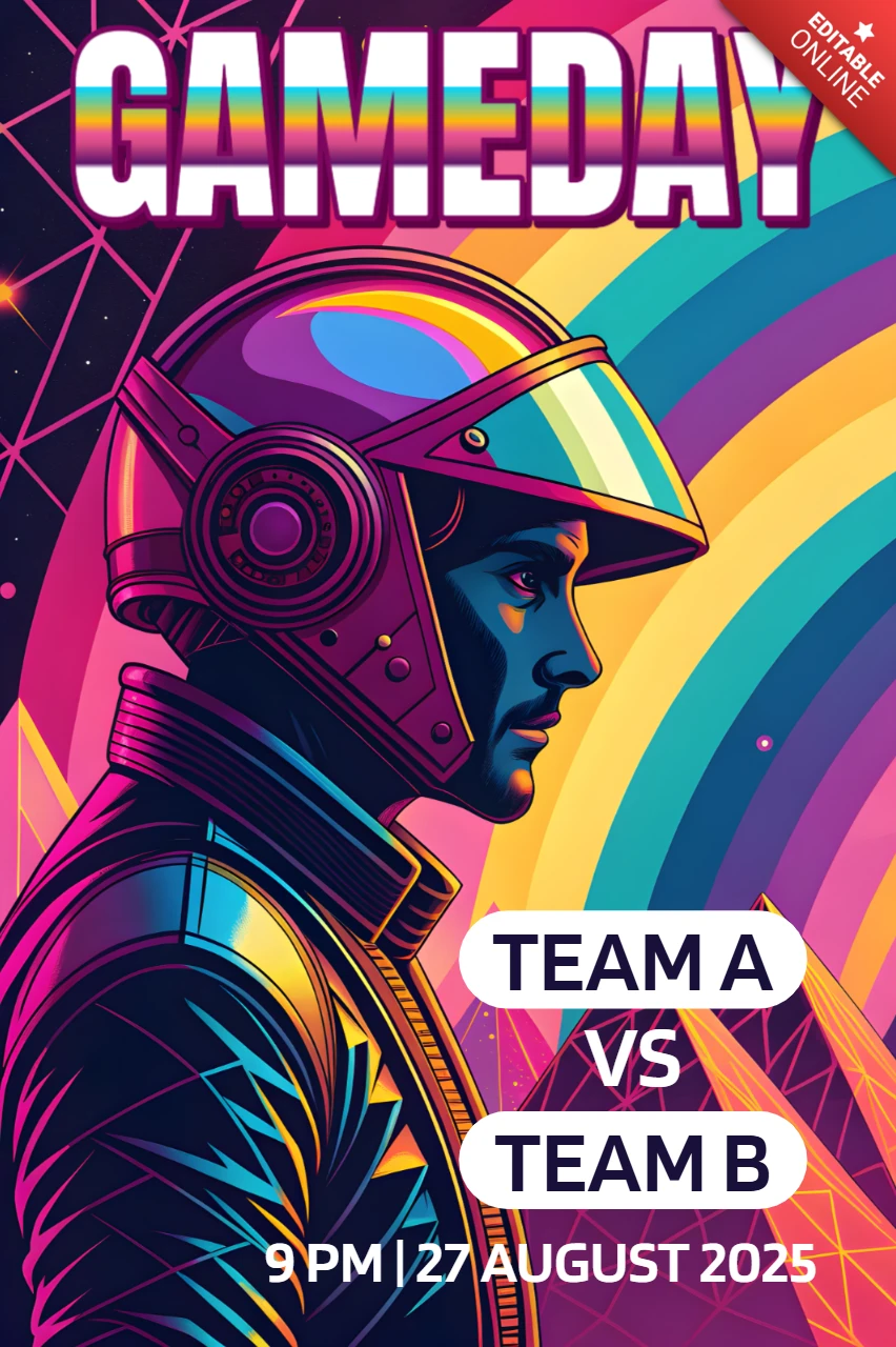 Retro-futuristisches Gameday-Event-Template mit Astronauten-Design für Plakate
