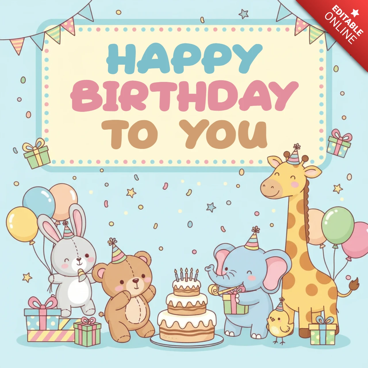 Cartaz de feliz aniversário com festa de animais fofos, incluindo coelho, urso, elefante, pintinho, girafa, balões, bolo e tema de celebração alegre.