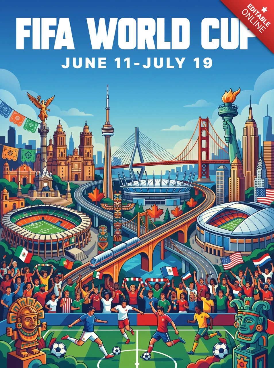 Oficjalny plakat Mistrzostw Świata FIFA 2026 przedstawiający statuę wolności, most Golden Gate, wieżę CN, piramidę Majów, piłkarzy, fajerwerki i wiwatujących kibiców.