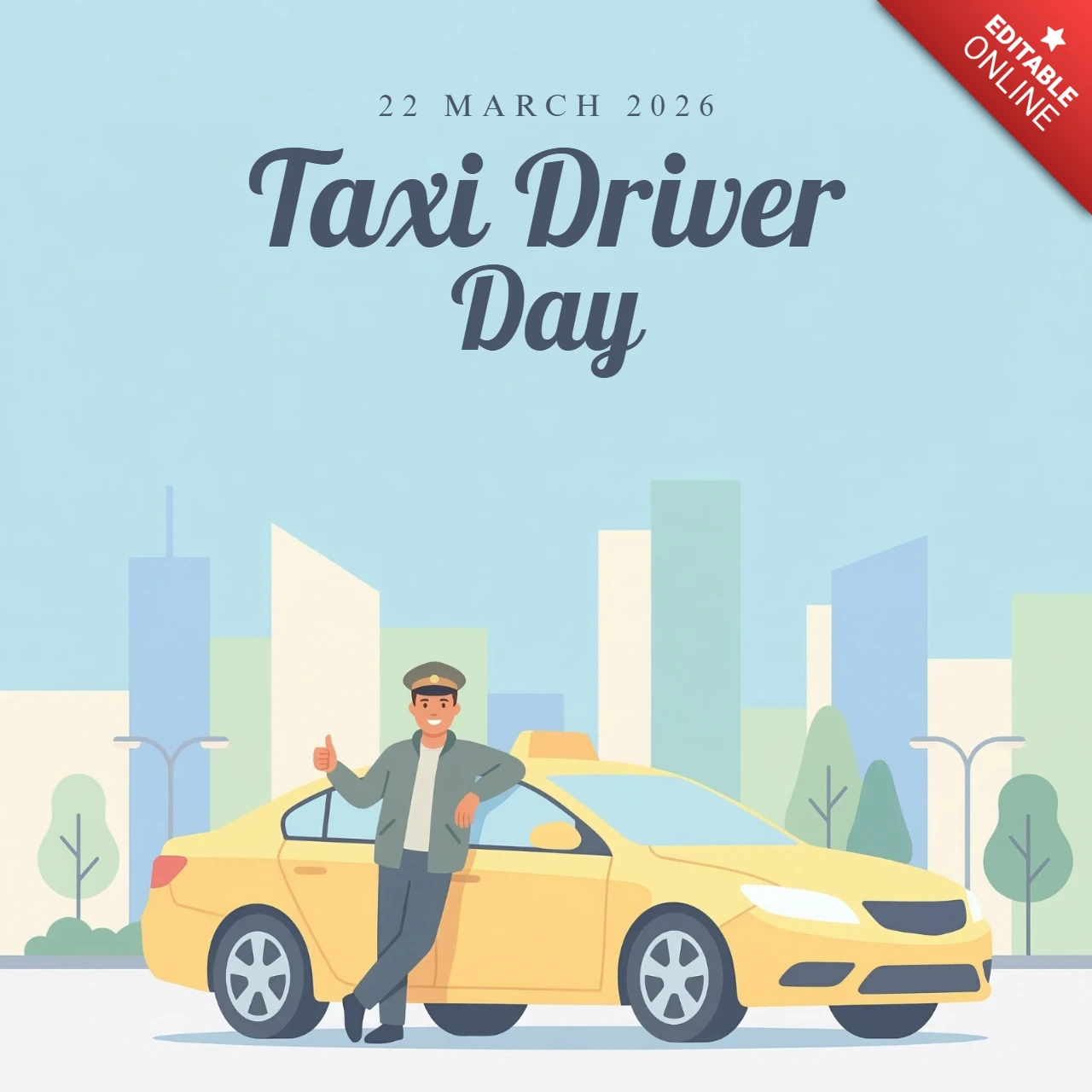 Affiche de la journée du chauffeur de taxi 2026, chauffeur souriant faisant un signe de pouce levé à côté d'une illustration de taxi jaune classique.