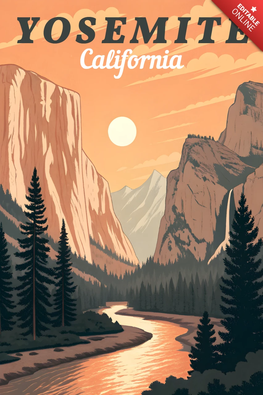 California Yosemite Landscape Illustration for Retro Flat Posters and Prints Template