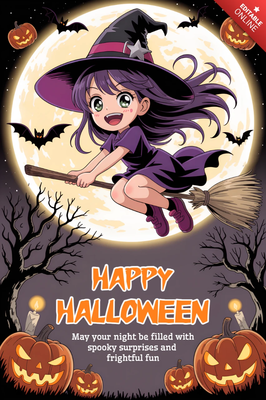 Halloween Chibi Witch Design Template for Spooky Greeting Cards