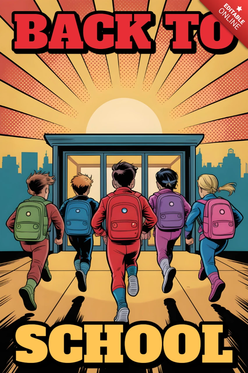 Cartaz de design do template de volta às aulas com estudantes correndo em direção à escola ao amanhecer e fundo da cidade.