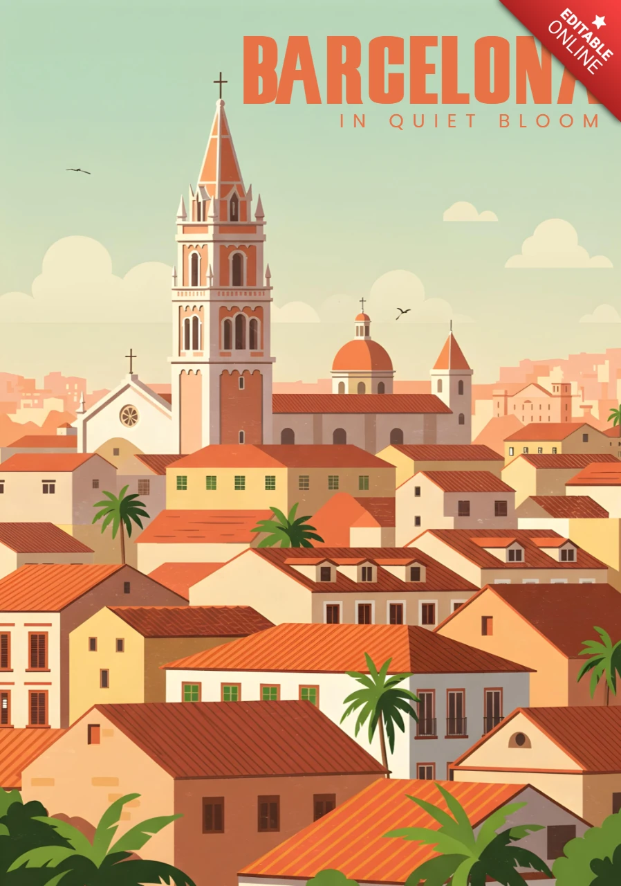 Barcelona in ruhiger Blüte rote Dächer, Palmen & Kathedrale Aussicht Reiseposter Designvorlage