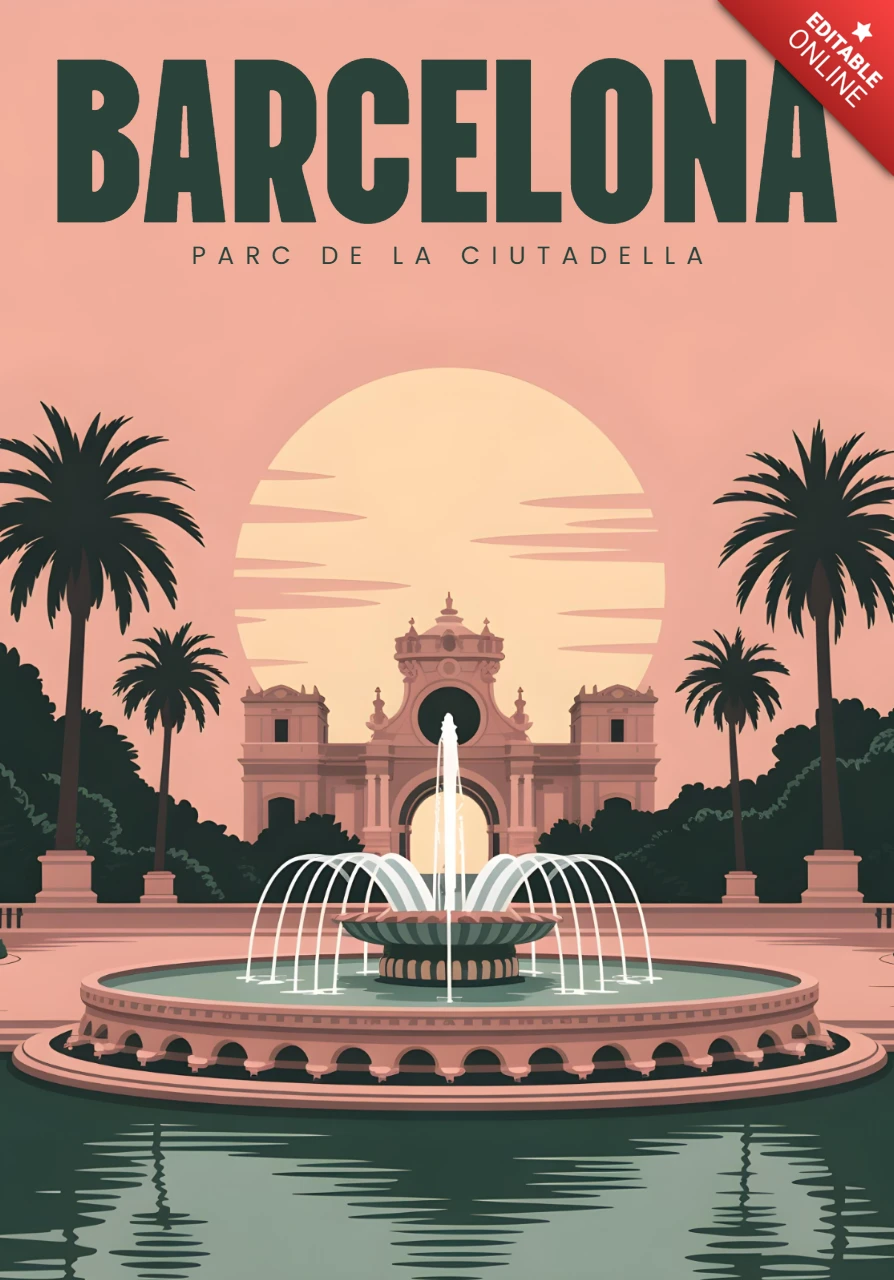 Barcelona Ciutadella Park Monumental Cascade & Sunset Fountain Szene Reiseposter Designvorlage