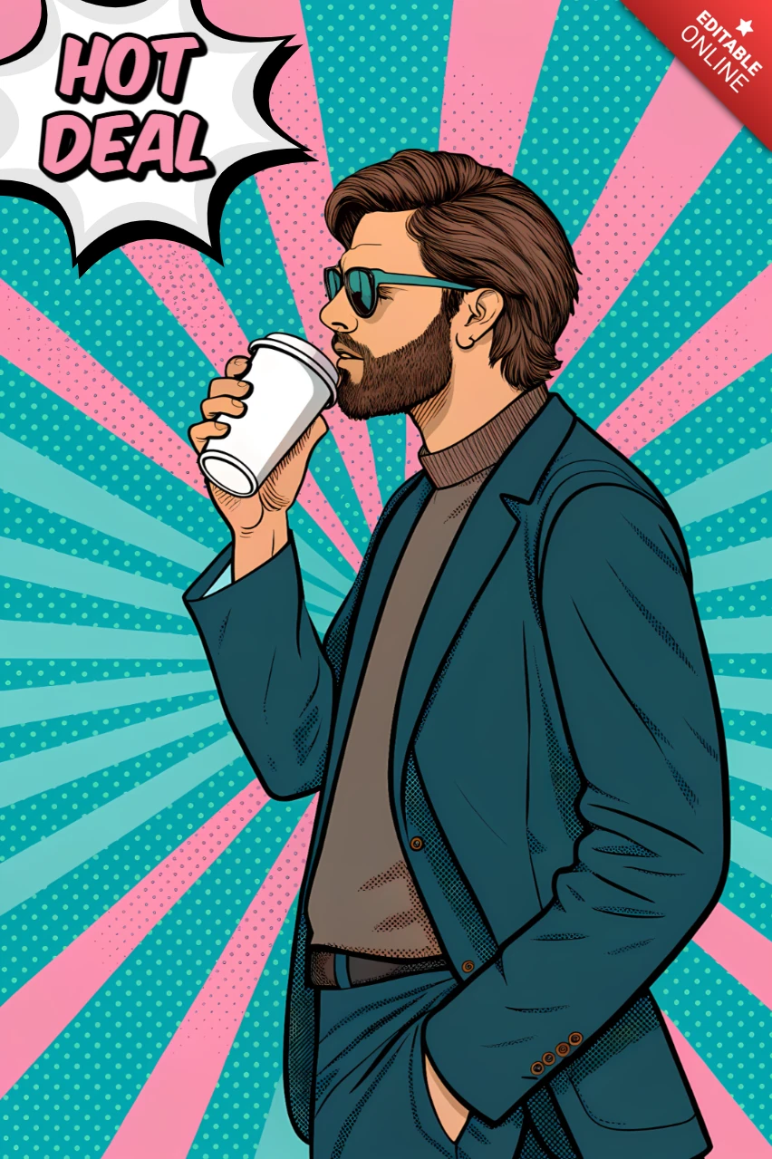 Pop-Art-Designvorlage für Werbeplakate mit stilvollem Mann mit Kaffee