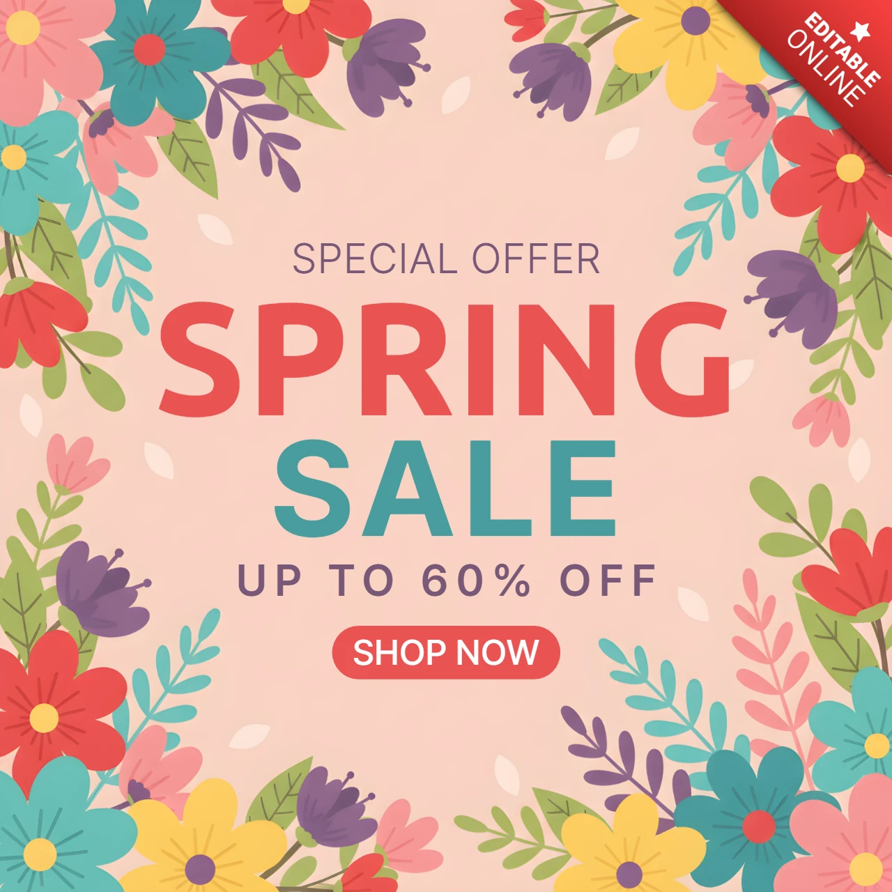 Plantilla de diseño de cartel publicitario de primavera con decoraciones florales y oferta de venta especial.