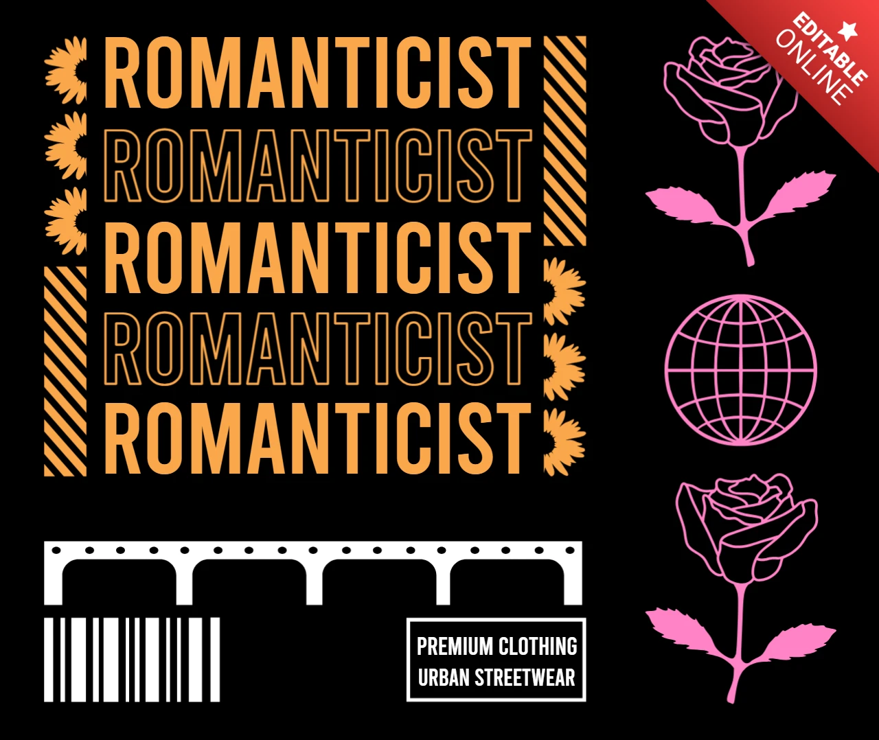 Template de design de streetwear urbano com gráficos românticos e elementos florais