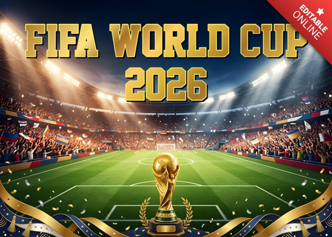 Плакат чемпионата мира по футболу ФИФА 2026 с золотым трофеем и огнями стадиона