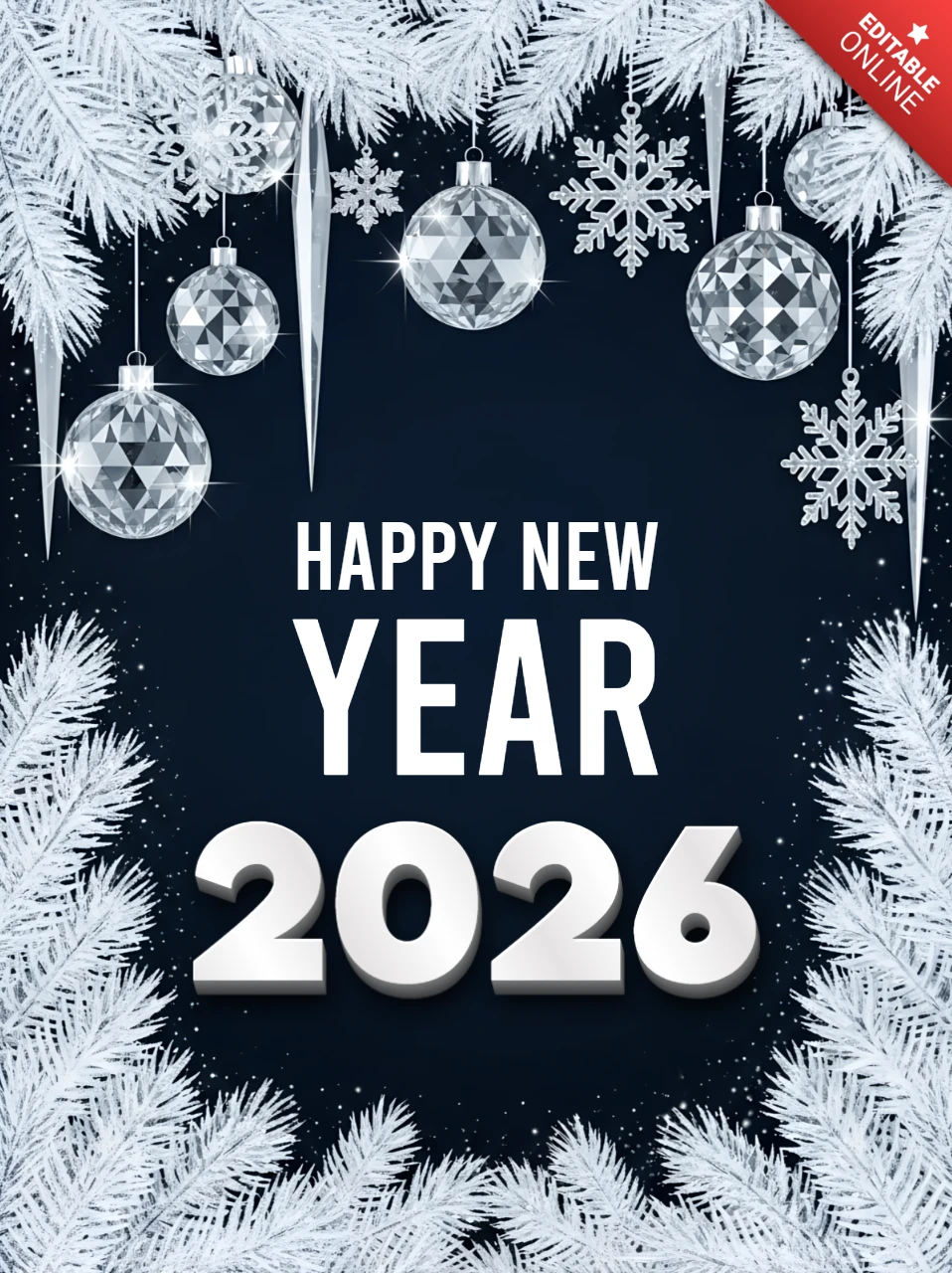 New Year Celebration Template with Snowflakes and Ornaments Design for Greeting Cards