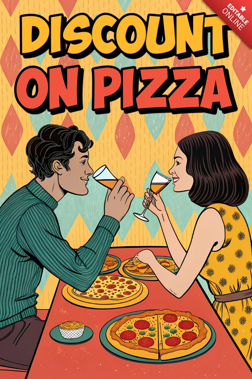 Modelo de flyer de desconto de pizza retrô apresentando casais jantando