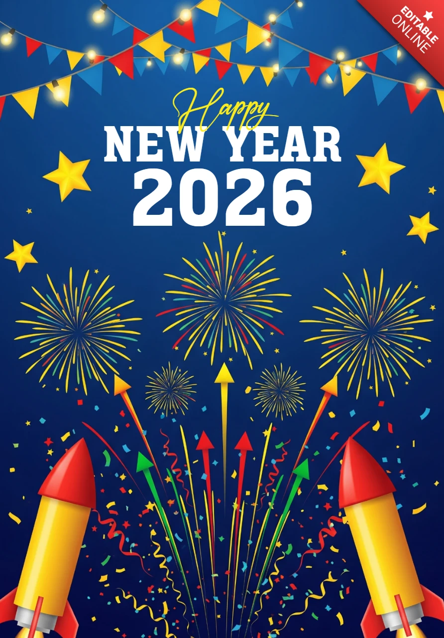 Blue Background with Fireworks, Rockets, Confetti, and Celebration Flags Happy New Year 2026 Card