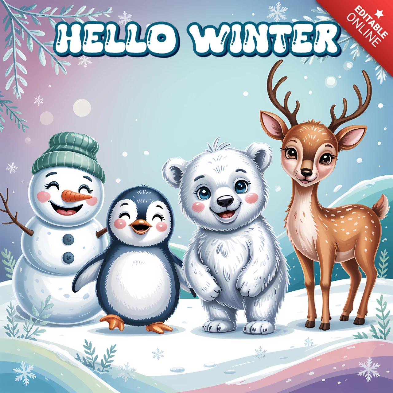 Winterwunderland-Designvorlage mit niedlichen Tieren für Feiertagsgrusskarten