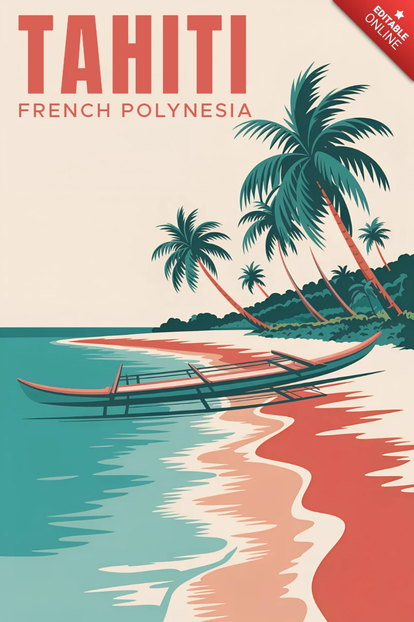 Tahiti vintage reisposter ontwerpsjabloon met tropisch strand en palmbomen