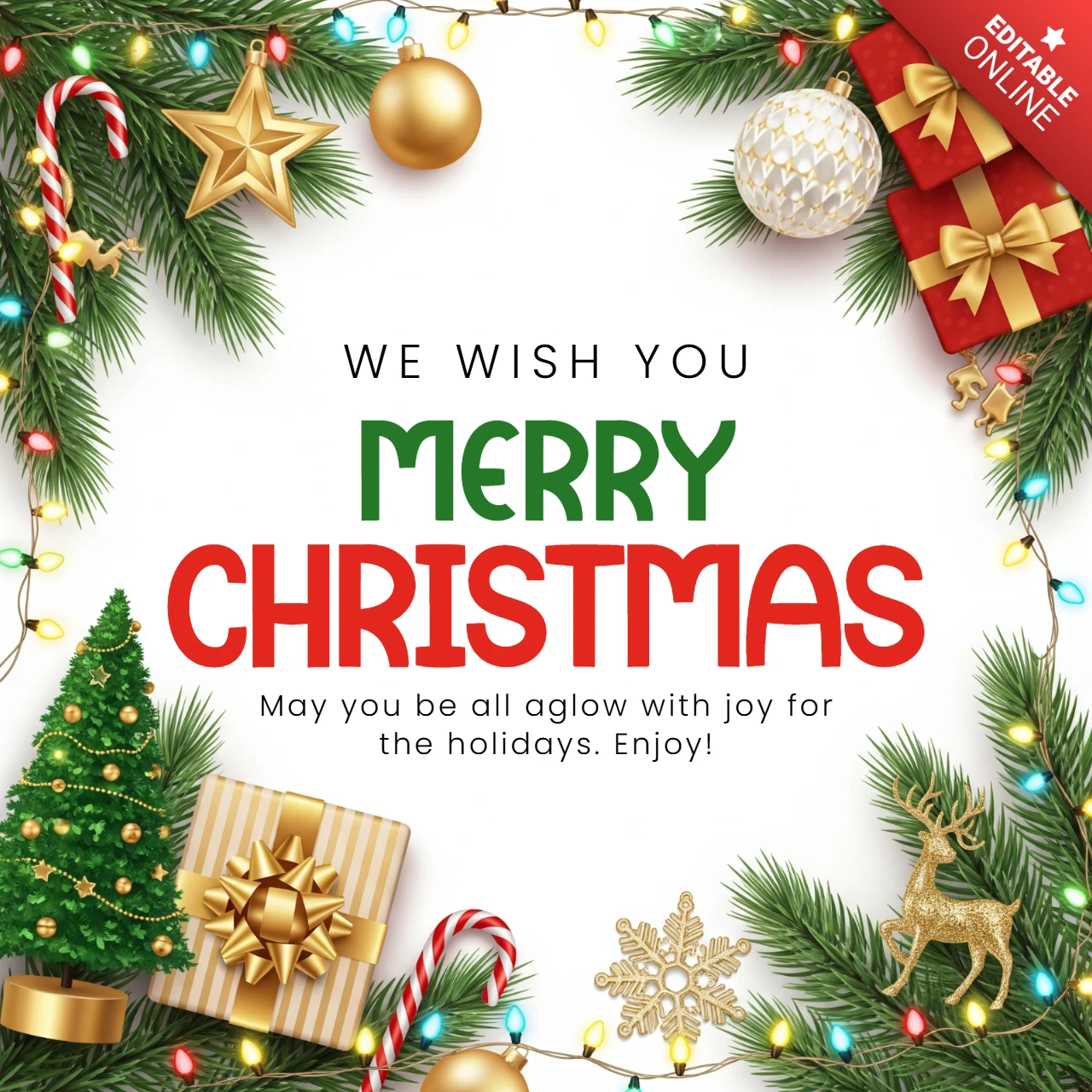Garland with Christmas Tree, Gift Boxes, and Snowflakes Framing Joyful Christmas Greeting Design Template