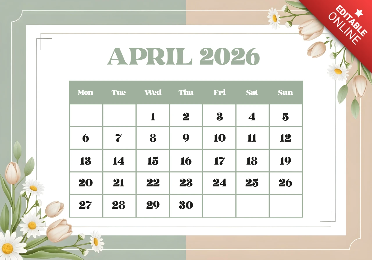 April 2026 Kalenderposter mit rosa Blumen, grünen Blättern und eleganter saisonaler Dekorationskunst