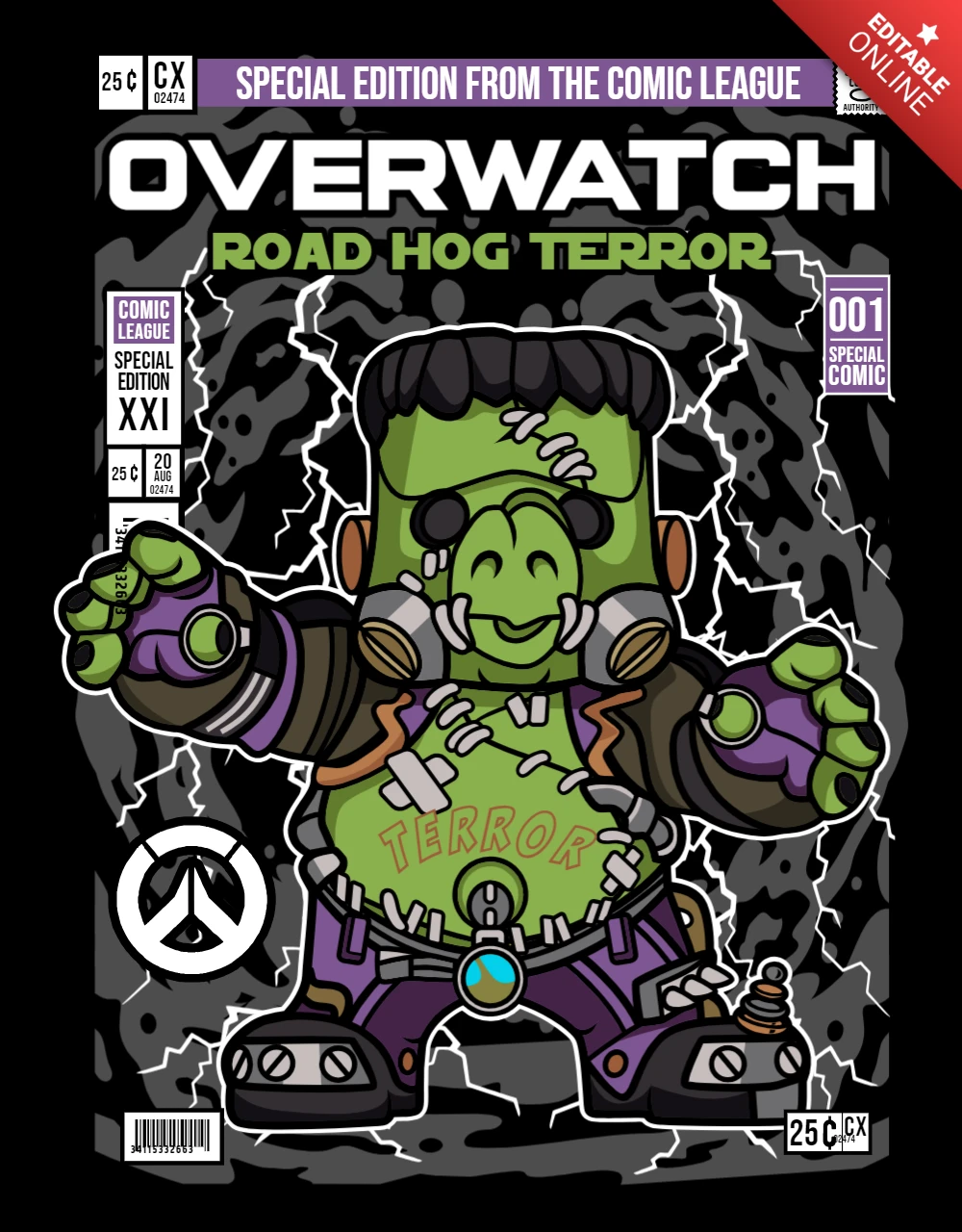 Road Hog Terror Overwatch Cartoon Character Magazine Cover Design Template