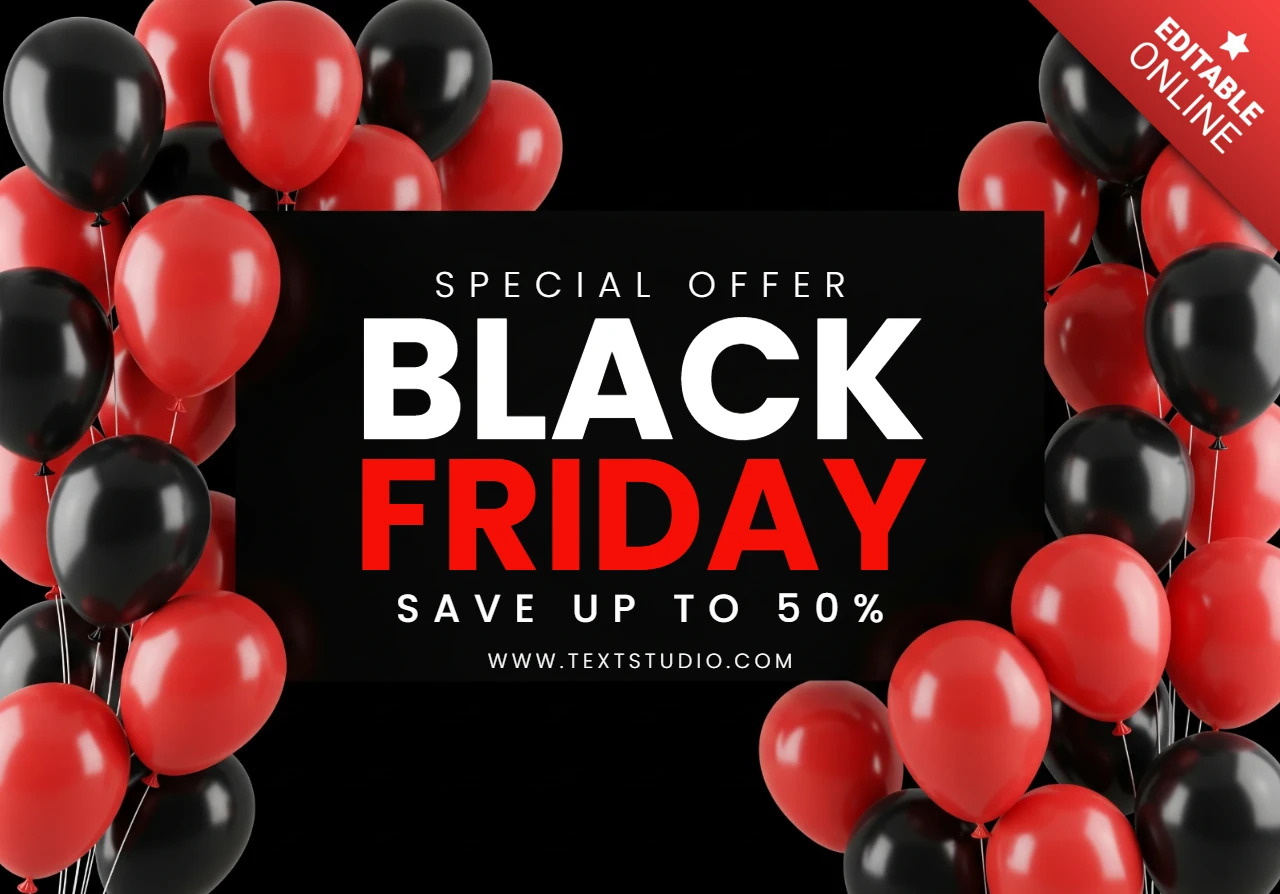 Poster di marketing elegante per il Black Friday, sfondo scuro con accenti rossi e palloncini festivi, modello di design per volantini promozionali.