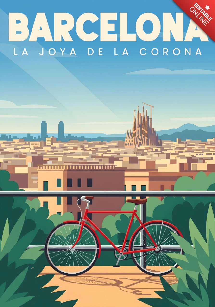 Affiche de conception de voyage à Barcelone, art urbain, paysage avec vélo et vue sur la basilique