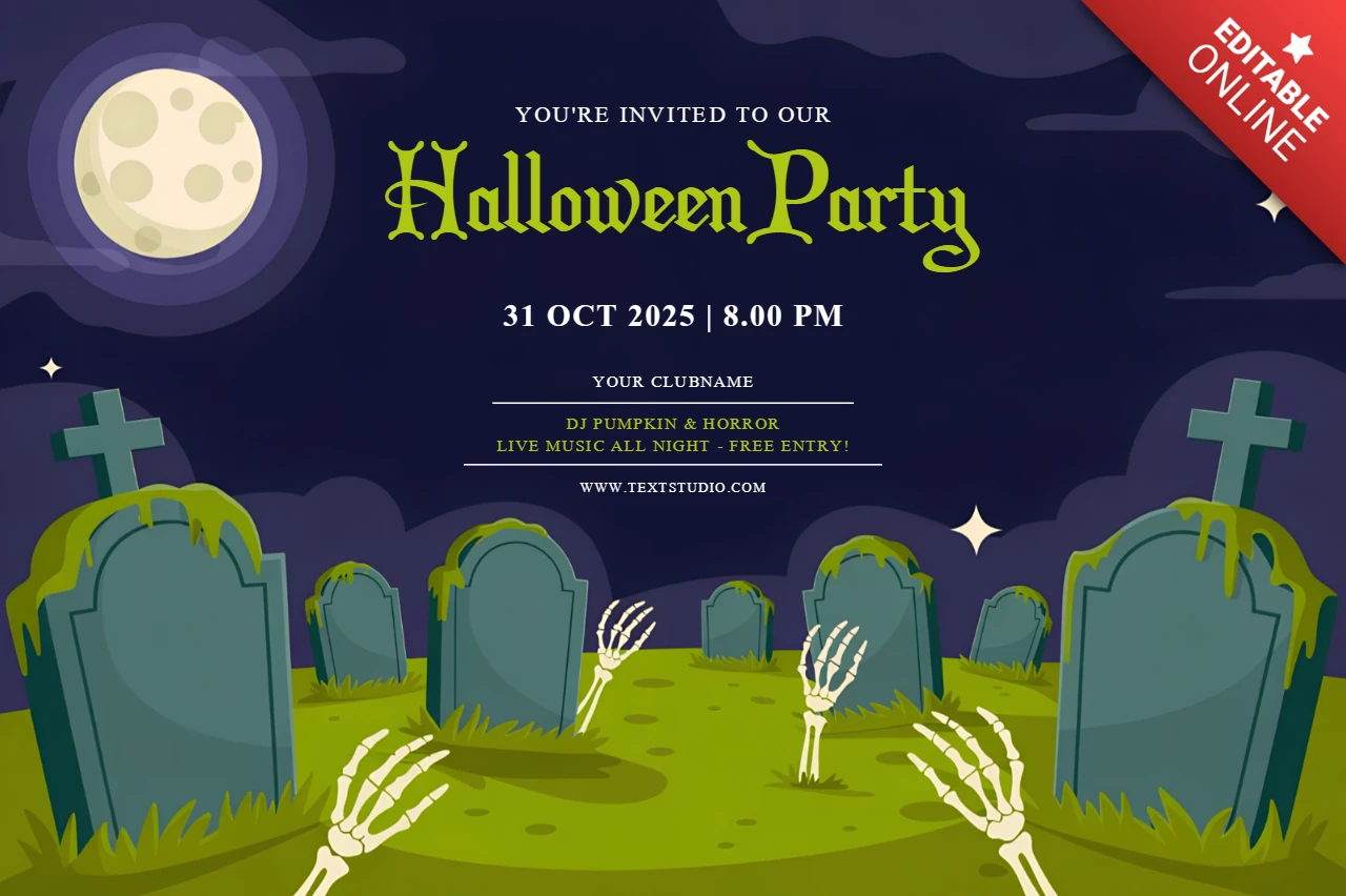 Spooky Halloween Party Invitation Template with Graveyard Design
