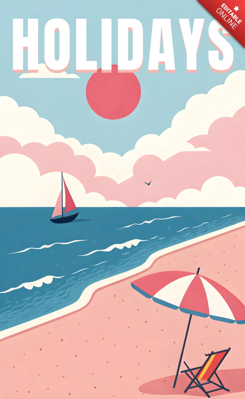 Plantilla de diseño de vacaciones en la playa con sol y velero para promociones de verano