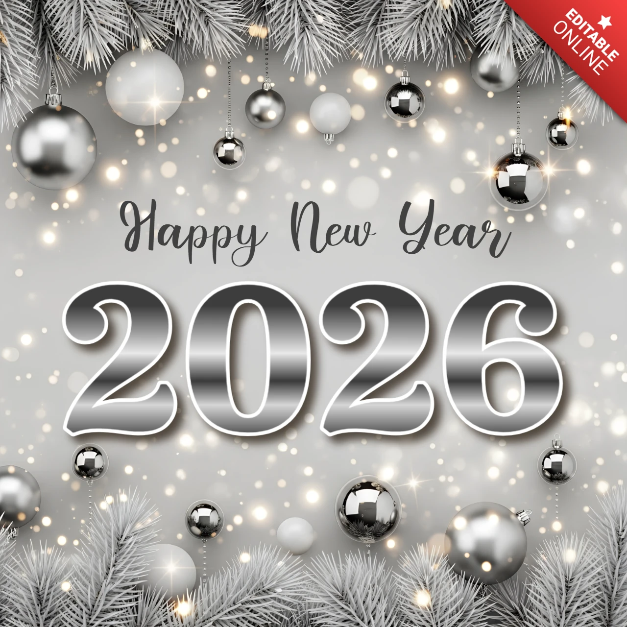 Neujahrsfeier-Vorlage mit silbernen Ornamenten und Tannendesign für Grußkarten