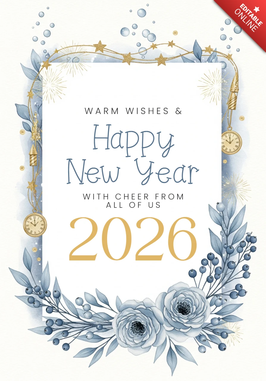温かい願いを込めて、2026年の新年おめでとうございます。青と金の花柄デザインのグリーティングカード、ポケットウォッチと星のガーランド付き。