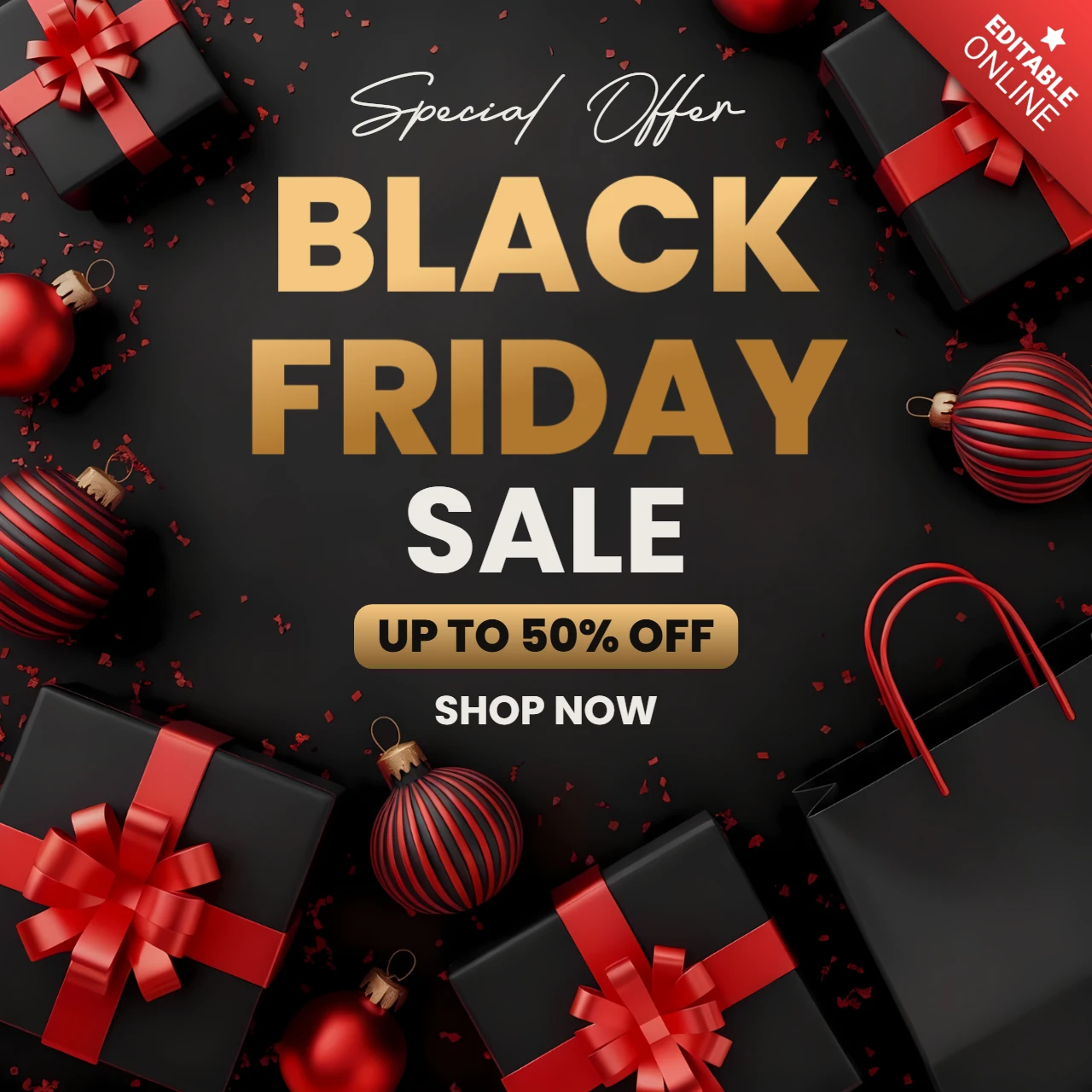 Plantilla de diseño de venta de Black Friday con cajas de regalo y adornos para volantes promocionales.