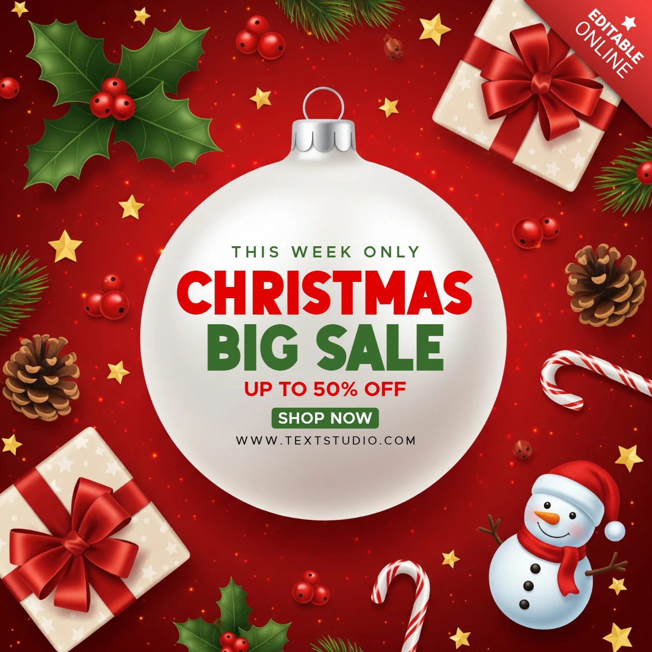 Christmas Marketing Template Sale Ad Bold Flyer Design with Pine Decor and Decorative Ornament Elements