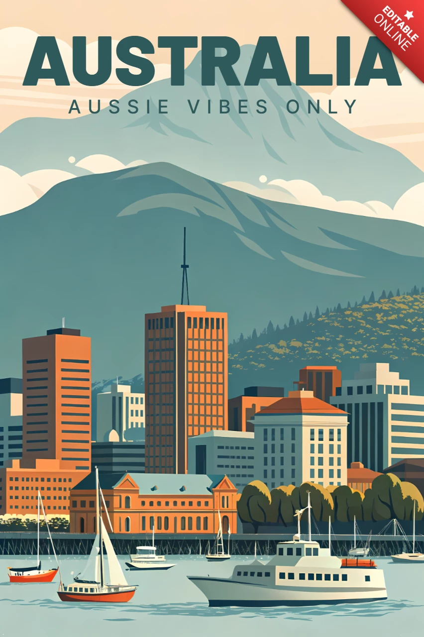 Plantilla de diseño vintage de Australia para carteles de viaje con paisaje urbano escénico.