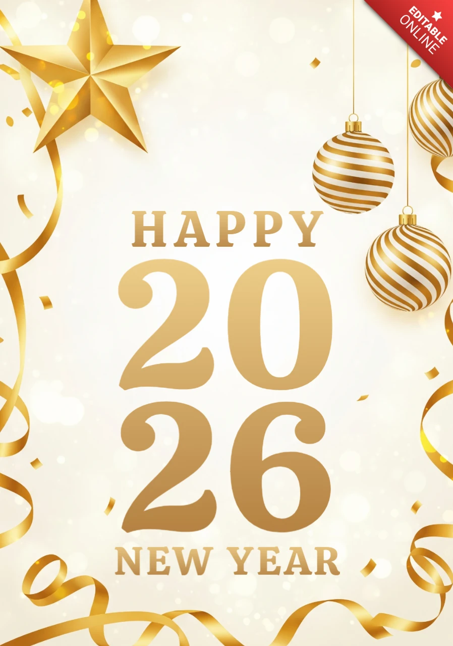 2026 New Year Celebration Poster Elegant Gold Decorations on Soft Background with Festive Typography