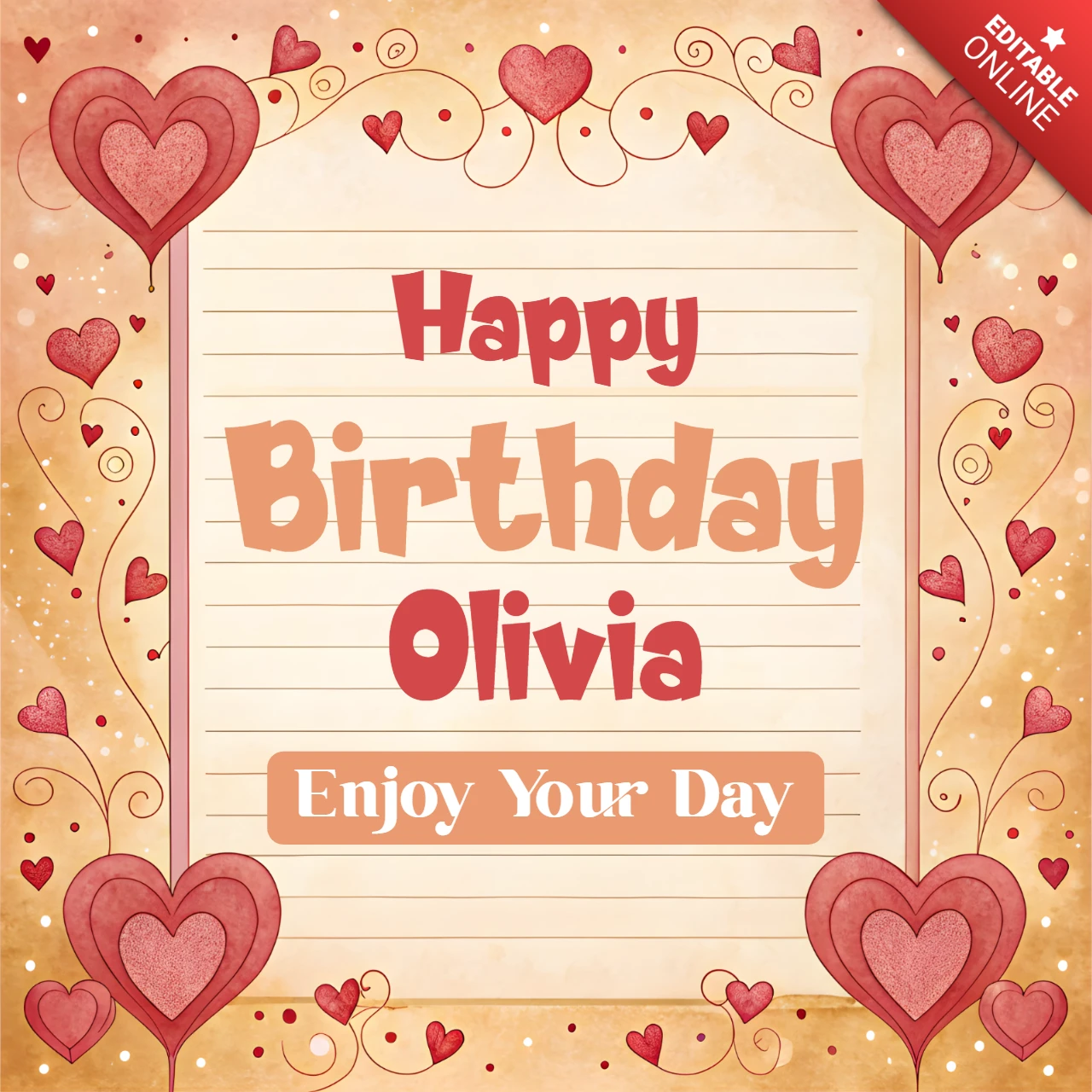 Charming Birthday Card Template Design with Hearts and Floral Elements for Personalization