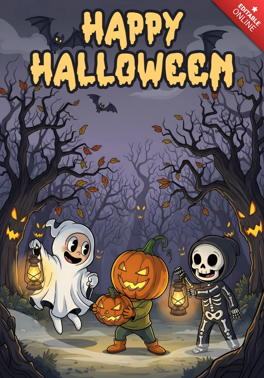 Halloween Cartoon Ghost, Pumpkin Head & Skeleton with Lanterns in Spooky Forest Design Template for Festive Flyers