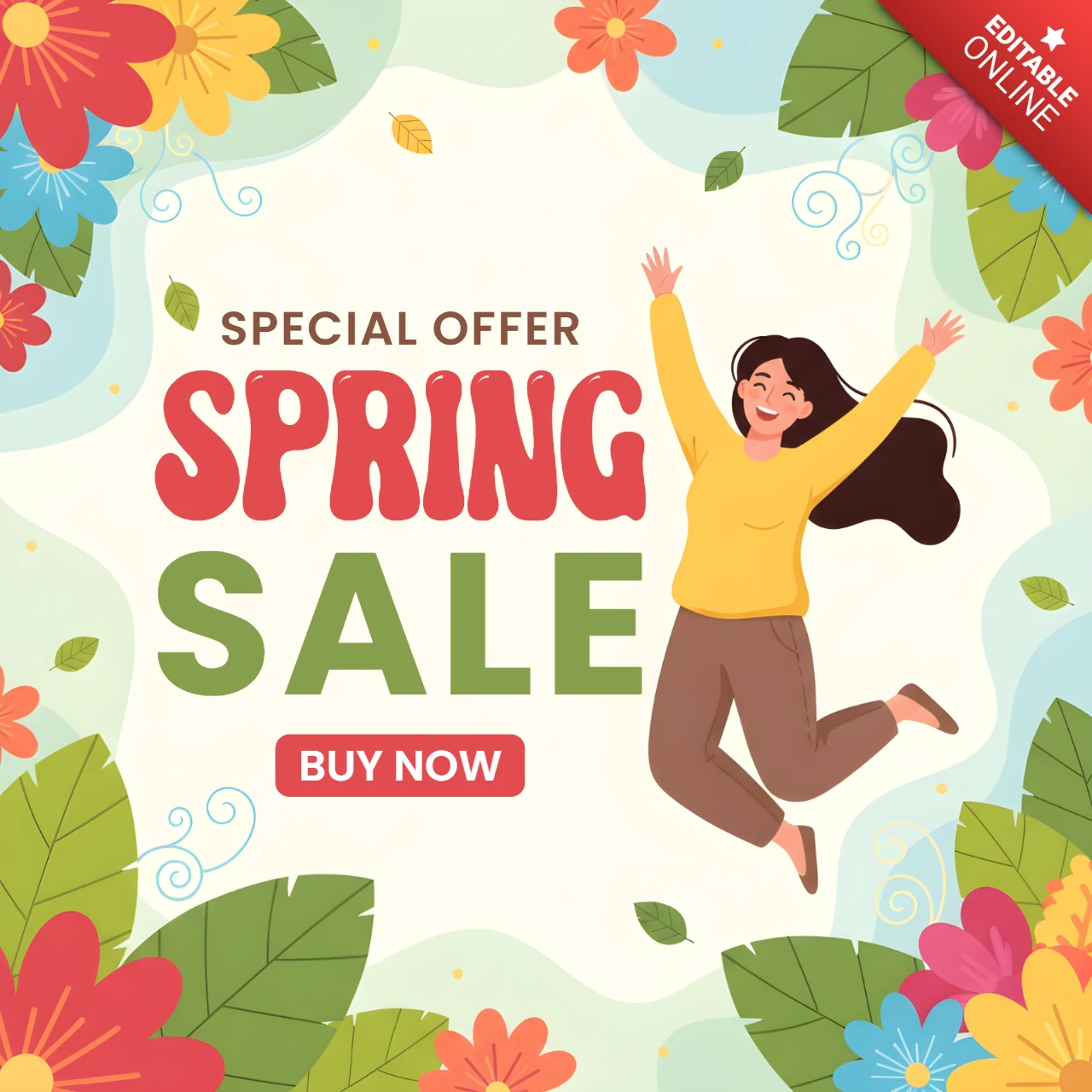 Promoción de venta de primavera estacional: colores brillantes y diseño festivo que resalta descuentos.