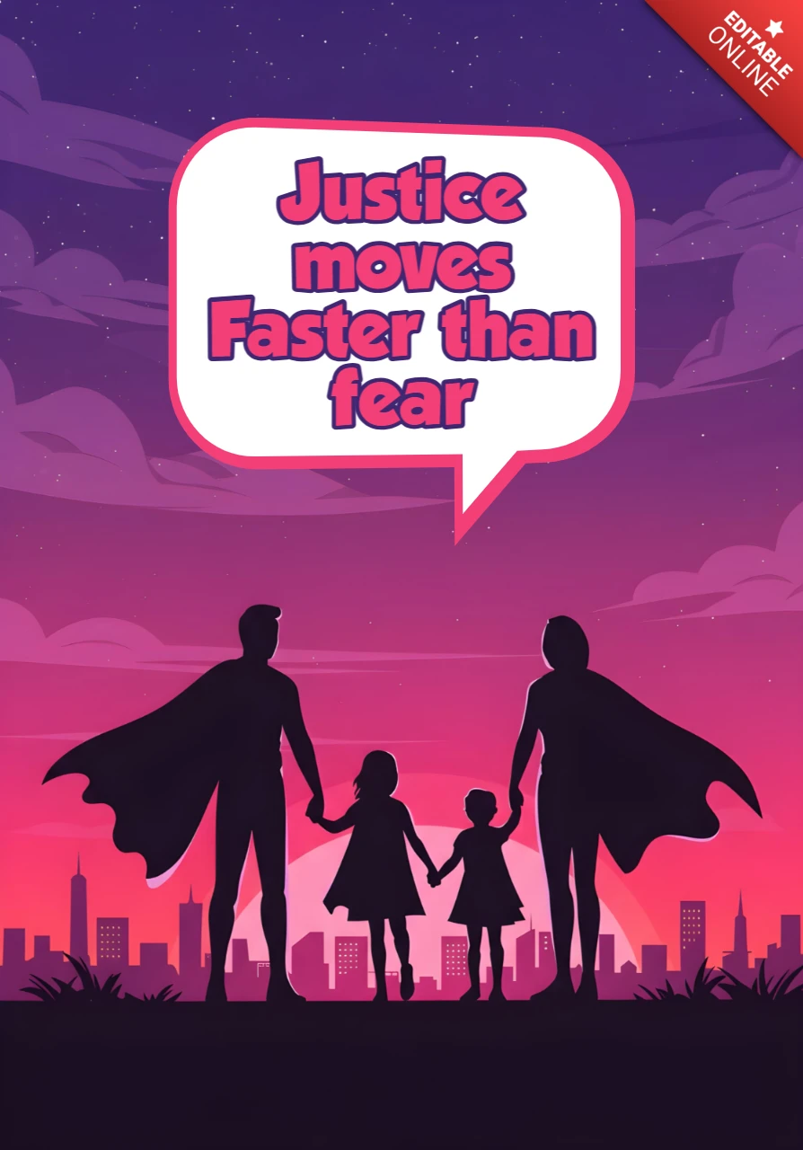 Família de silhuetas de super-heróis da justiça com design de pôster de paisagem urbana e citação empoderadora.