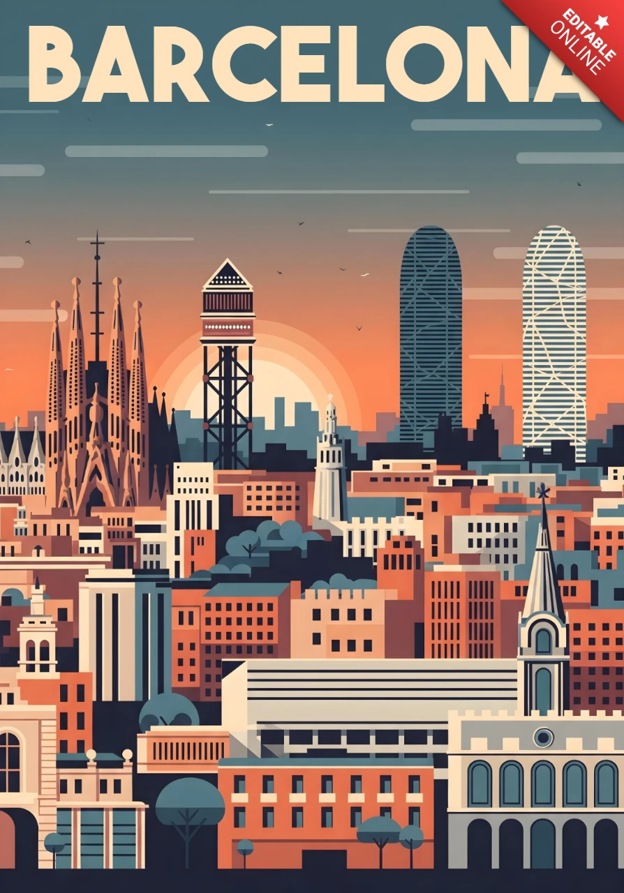 Pôrdão do horizonte com a sagrada família e o design do template de pôsteres de viagem da torre glòries